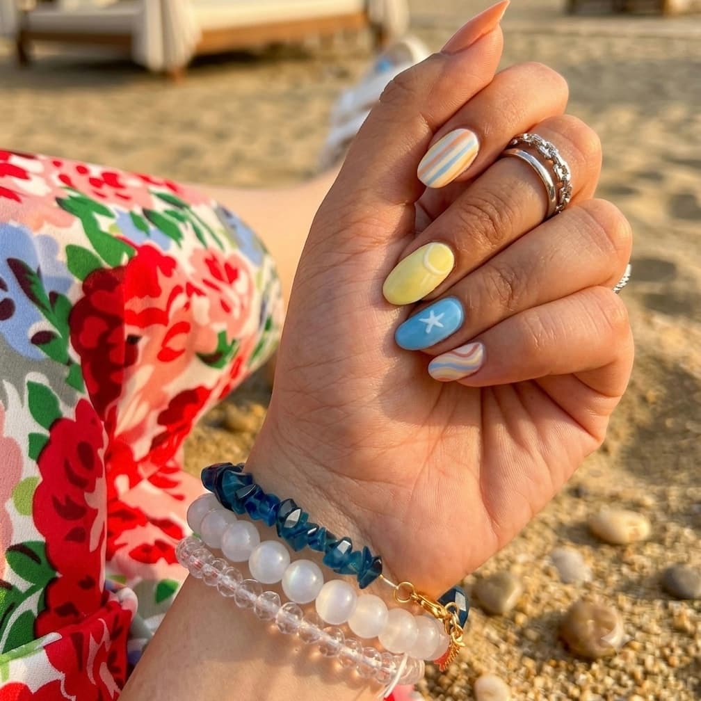 Summer beach-themed nail art with ocean blues, sandy neutrals, and coastal details