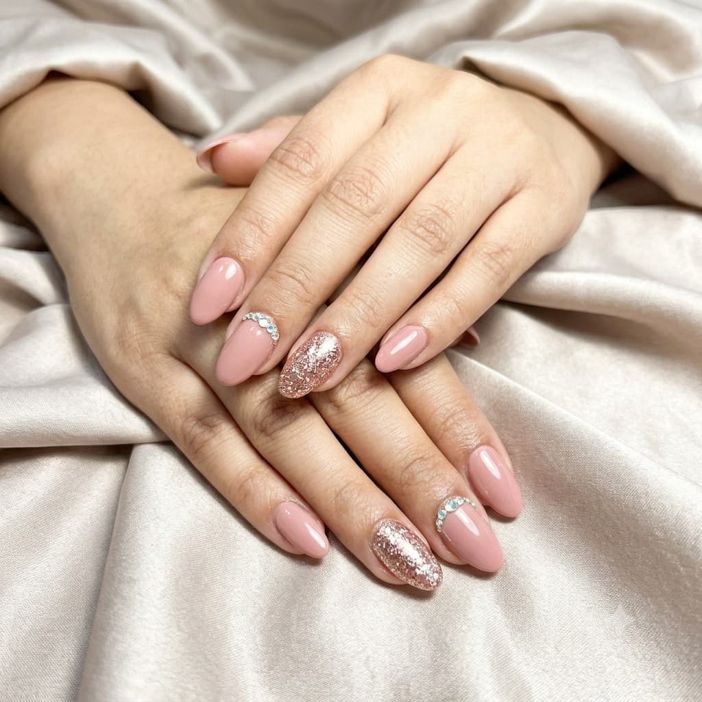 Dusty rose gel nails with scattered glitter and crystal rhinestone accents