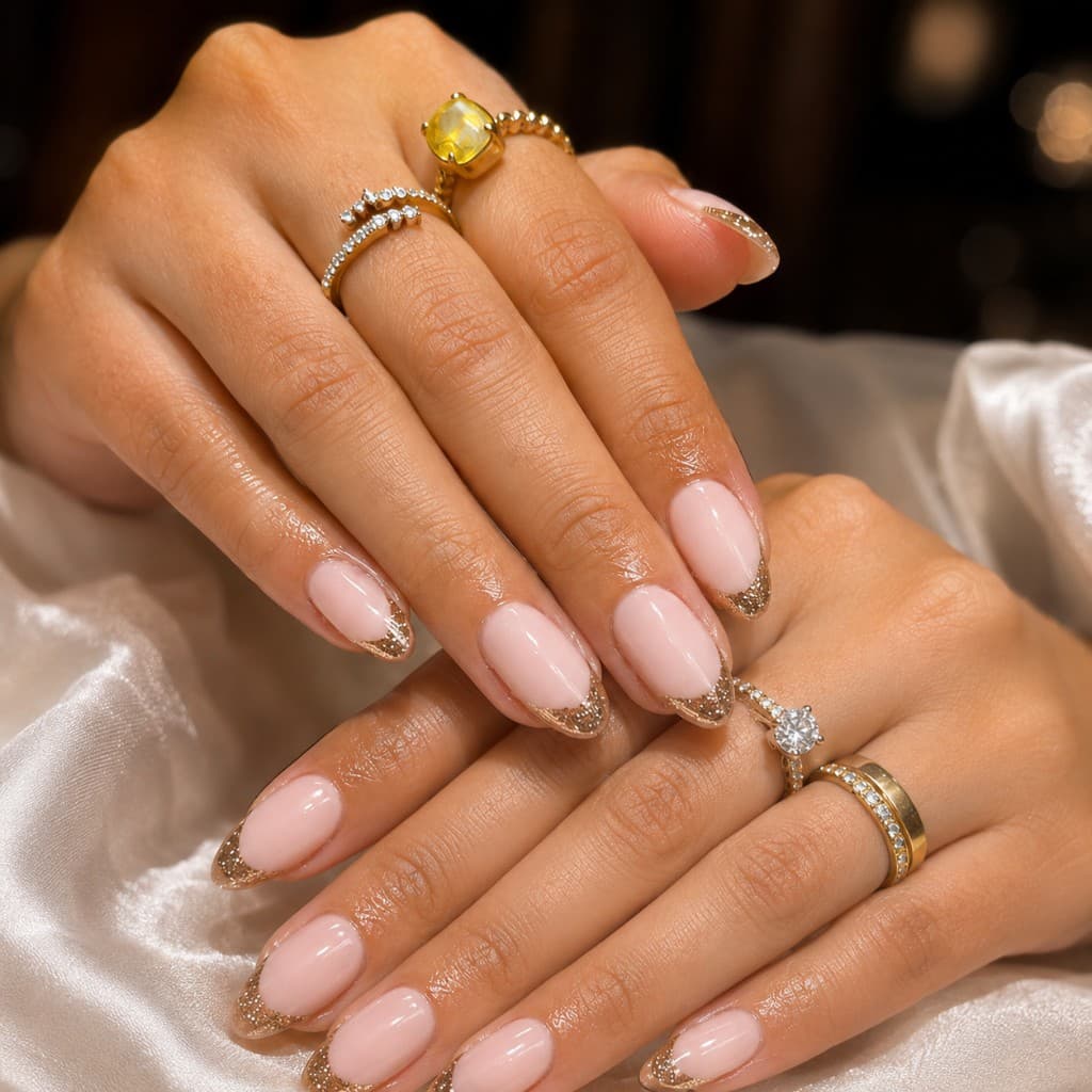 Classic French manicure upgraded with fine gold glitter tips and a satin finish