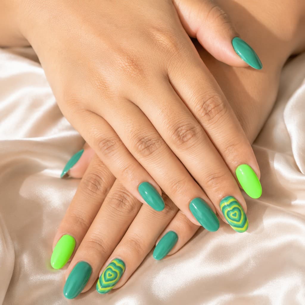 Olive green nails with hand-painted heart motifs on a satin backdrop