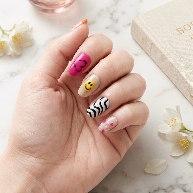 Playful hand-painted press-ons with yellow smiley faces, pink hearts, and glossy finish