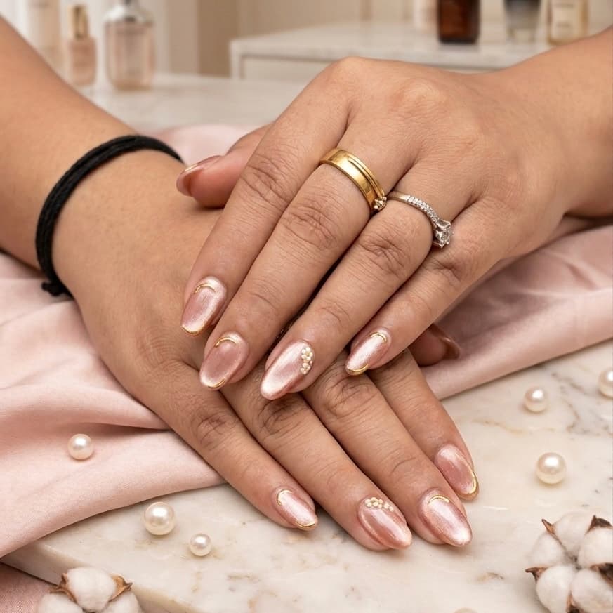 Rose gold cat-eye gel nails with pearl accents and a soft marble flat-lay