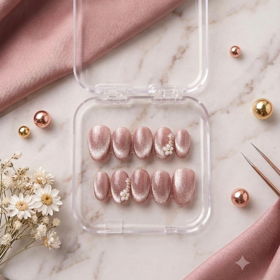 Rose gold cat eye press ons with white flower charms