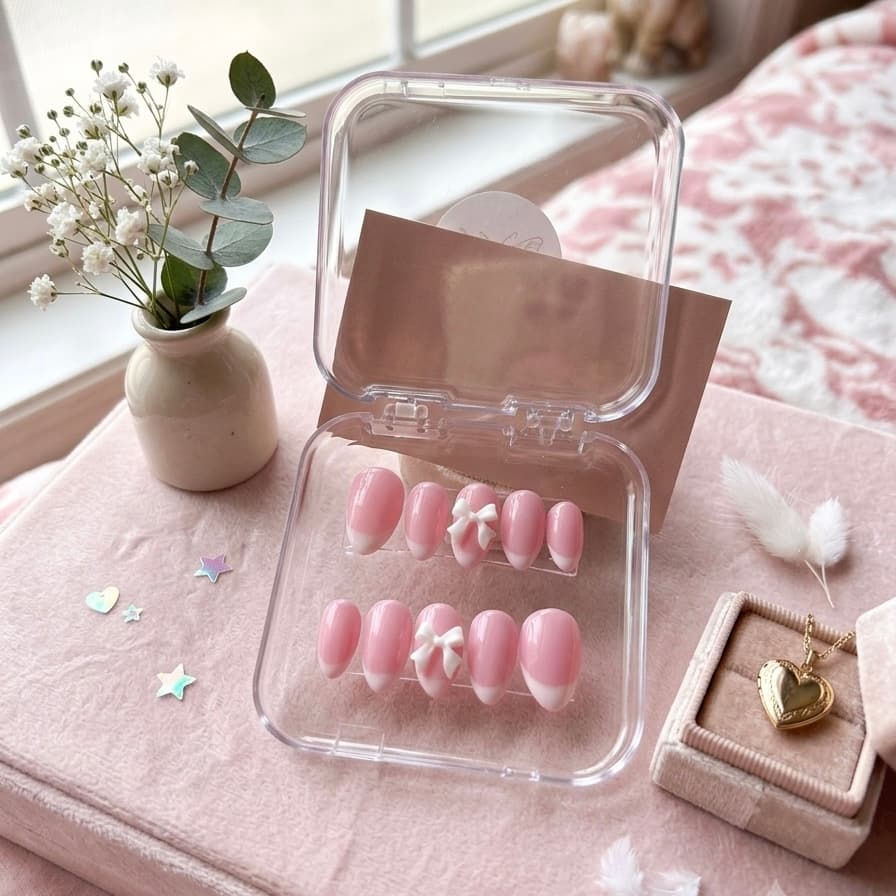 Soft pink French press ons with white bow charms