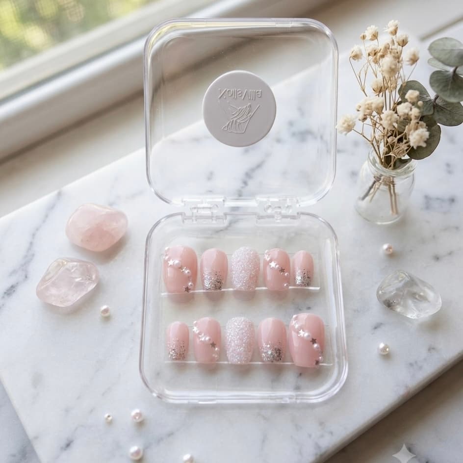 Celestial pink press ons with pearls and silver stars