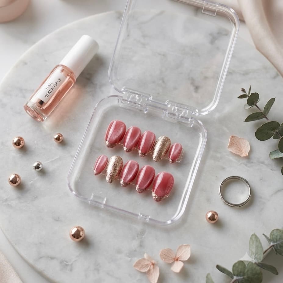 Dusty rose cat eye press ons with gold glitter French tips